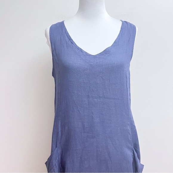 Lands Downunder Womens Medium Blue Linen Market Parachute Sack Midi Pocket Dress - Picture 2 of 8